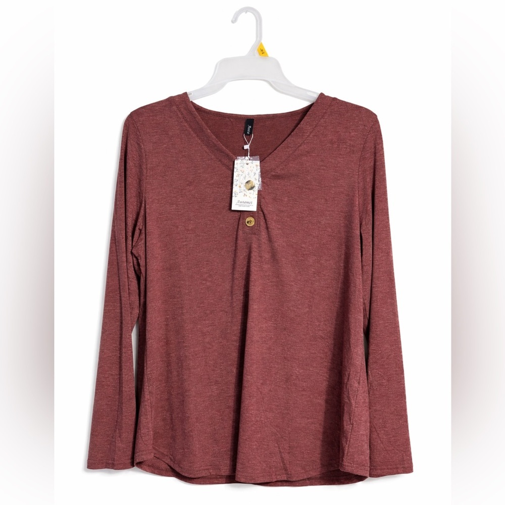 AUTOMET Maroon Tunic Top XL V-Neck Button Long Sleeve New With Tags